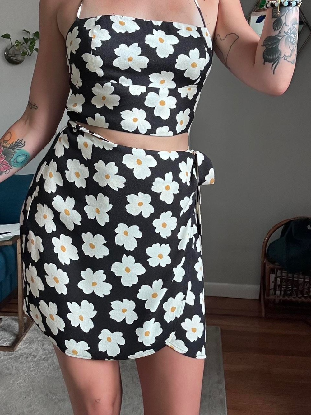 REFORMATION Black Ivory Floral Print Gemma COCONUT Wrap Skirt Halter Dress
